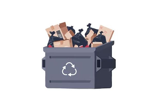 A dumpster filled with garbage and recycling bags.