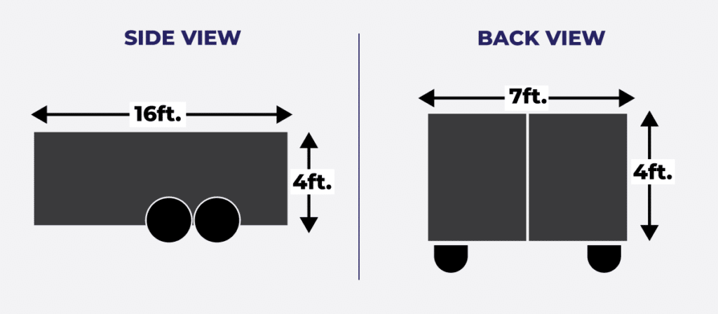 A side view and back view of a trailer.