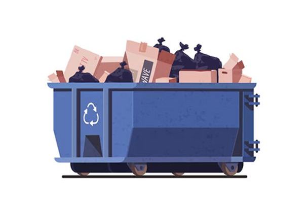 A blue dumpster filled with boxes and trash bags.