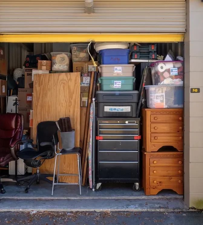A garage filled with lots of boxes and dressers