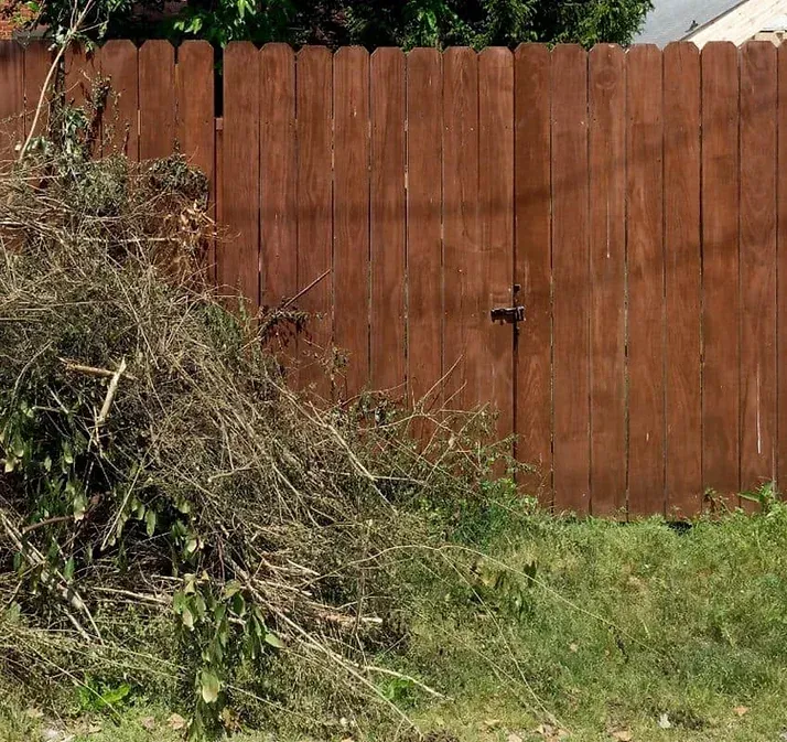A wooden fence with a bunch of branches in front of it