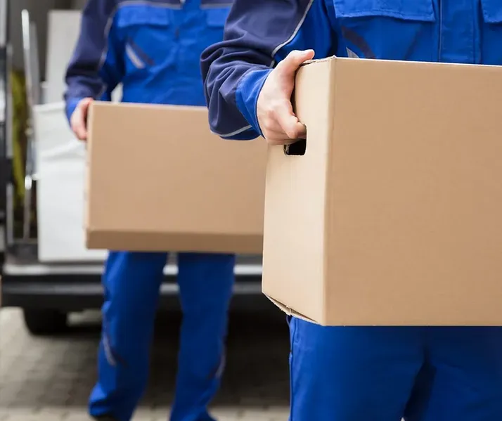 Two men in blue overalls are carrying cardboard boxes.