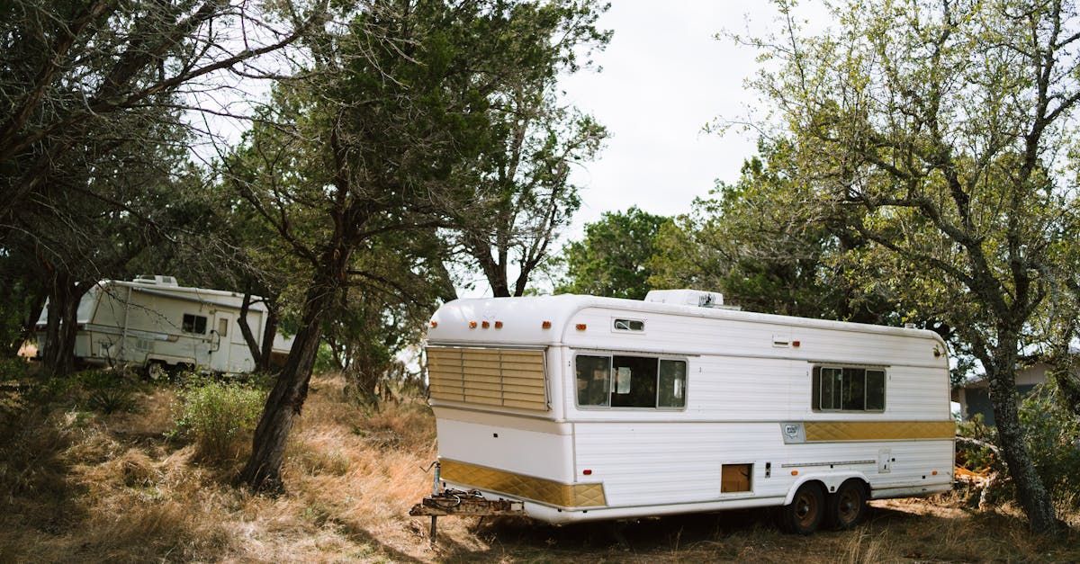 A white rv is parked in a field surrounded by trees.