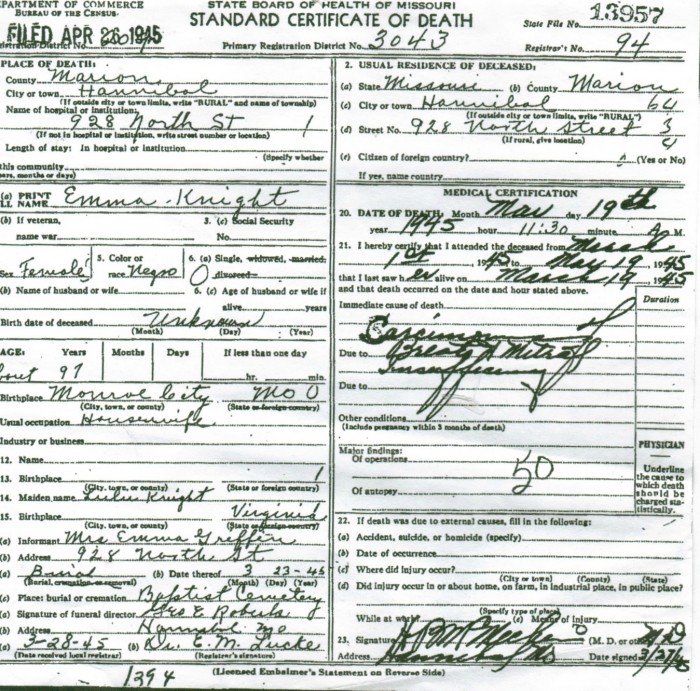 KNIGHT'S DEATH CERTIFICATE