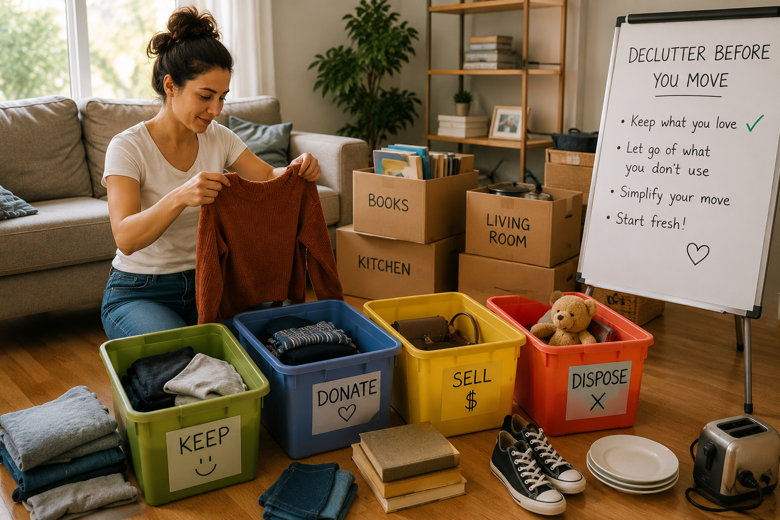 Woman folding clothes into labeled bins during a home decluttering session