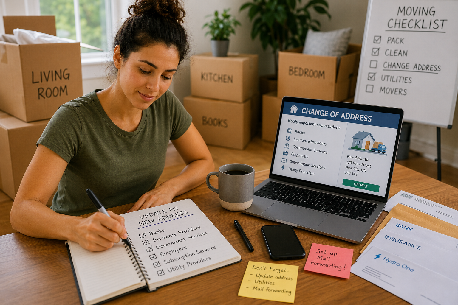 Person planning a move at a desk with checklist, laptop, notebook, mugs, and labeled moving boxes around them