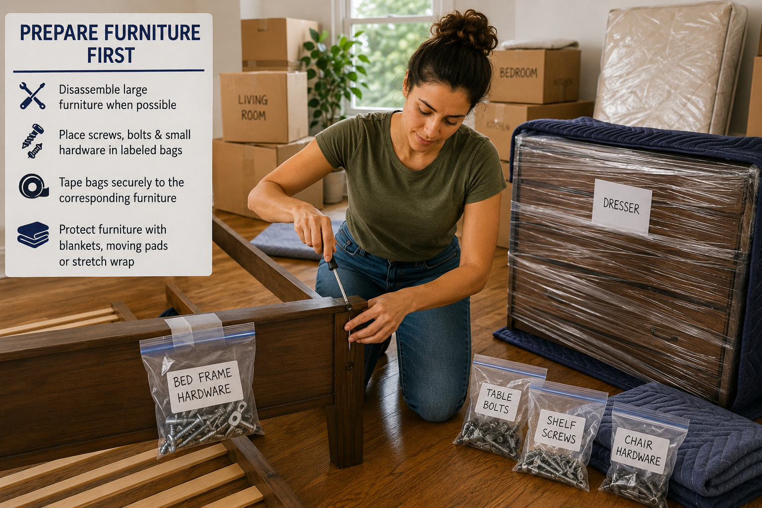 Woman assembling furniture in a room with boxed parts and a “Prepare Furniture First” instruction sign