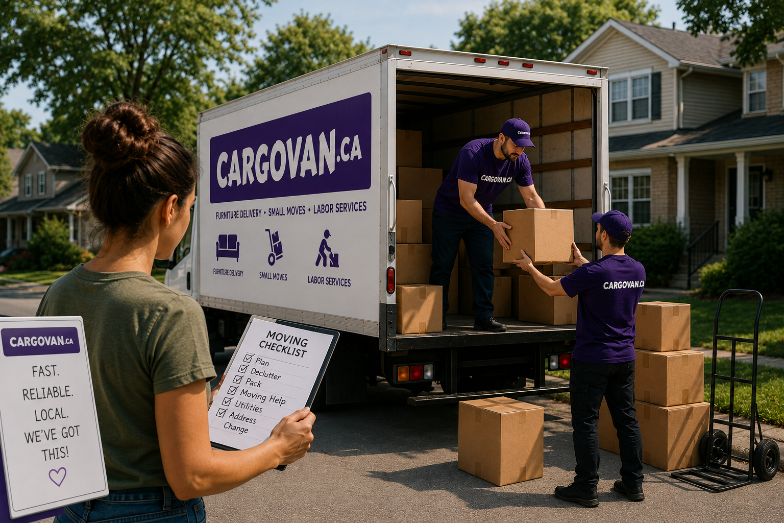 People loading boxes into a moving truck outside a house on a sunny street