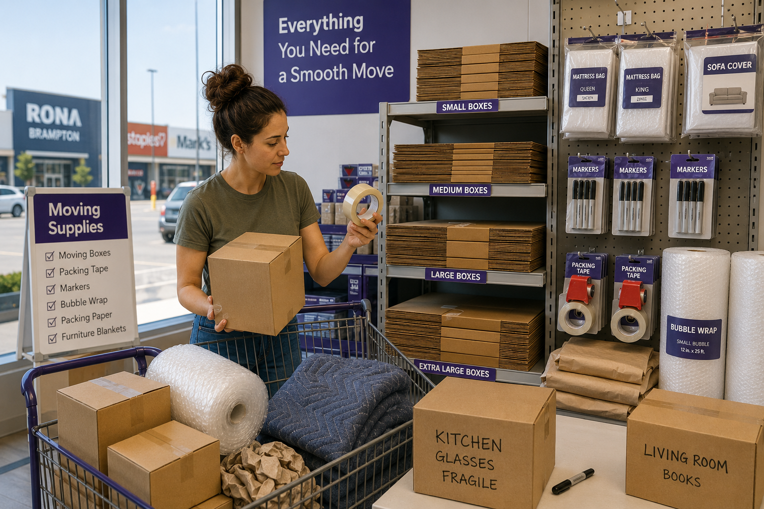Woman packing boxes in a moving-supplies store aisle, surrounded by moving labels, tape, and packing materials.