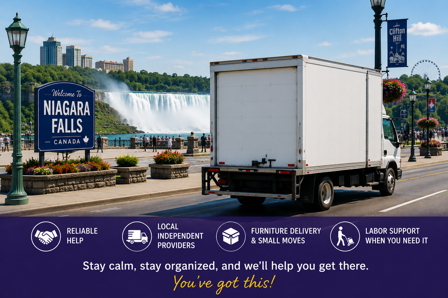 Box truck driving past Niagara Falls sign and waterfall, with delivery tips banner below.