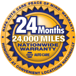 NAPA Auto Care National Warranty badge, blue and gold, promoting 24 months/24,000 miles coverage. | Allwine Curry Inc