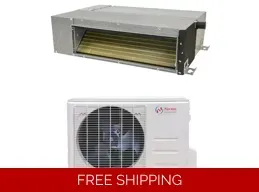 A ductless mini-split air conditioner with an indoor unit and an outdoor compressor. Free shipping banner.