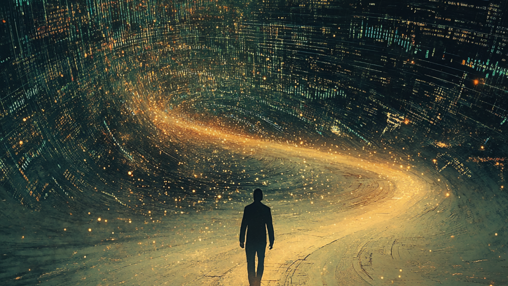 Silhouette of a person walking towards a glowing, winding path in a starry night sky.