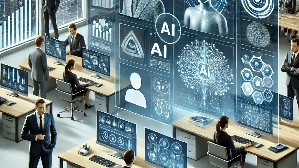 Businesspeople working in an AI-focused office, surrounded by glowing digital interfaces with graphs and brain imagery.