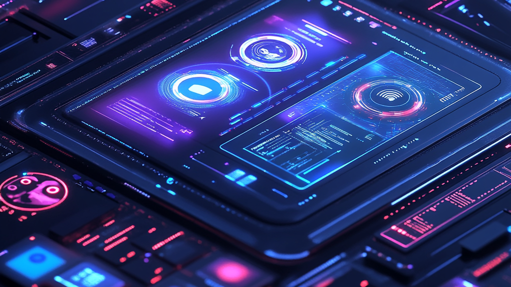 Futuristic digital interface with glowing blue and purple elements.