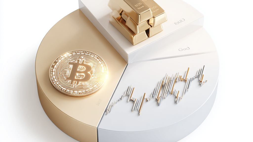 Gold bars, Bitcoin, and stock chart on a segmented, circular display, illustrating investment diversification.