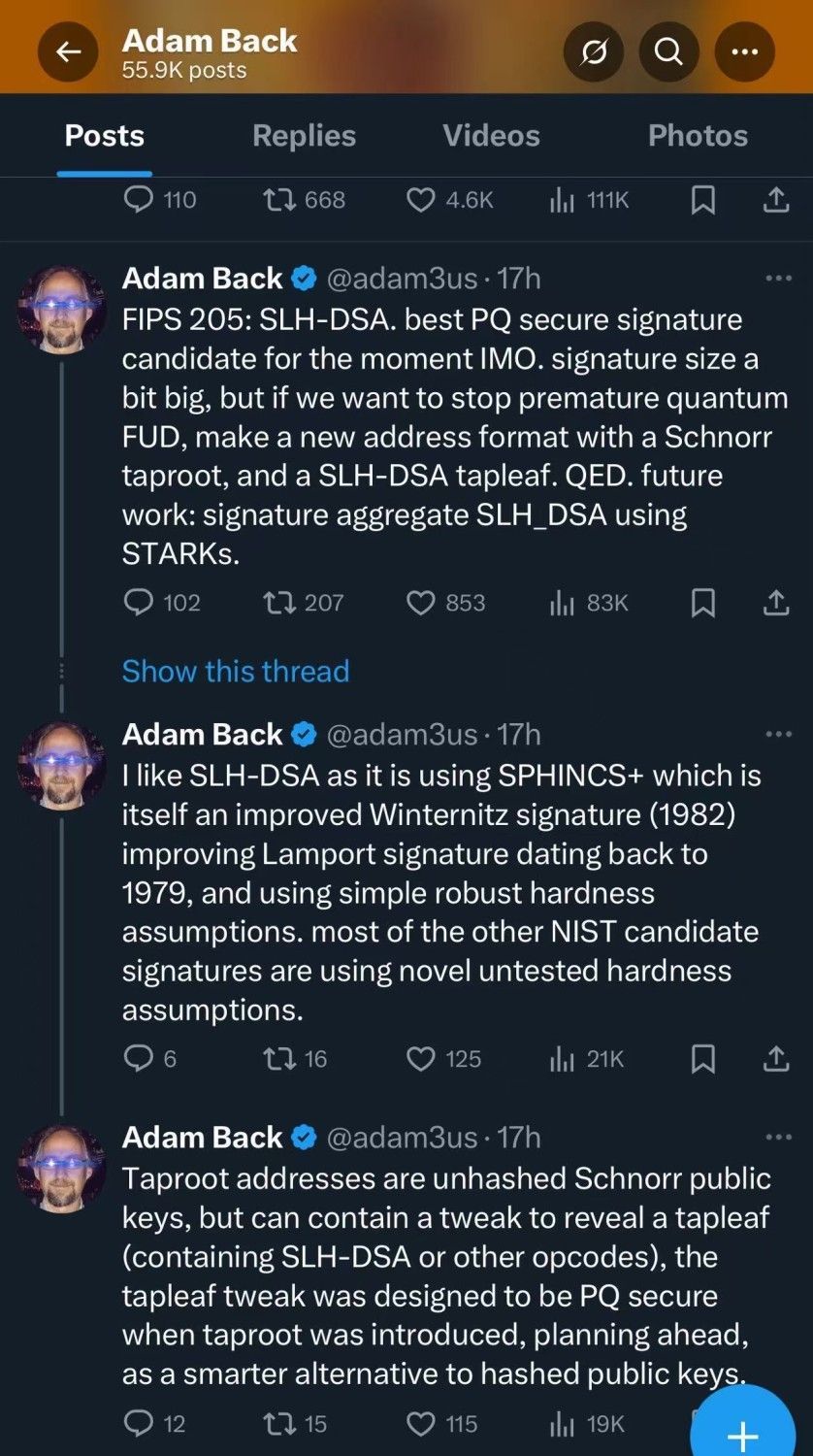 Adam Back's Twitter feed with three tweets about cryptographic signatures, including PQ and SLH-DSA.