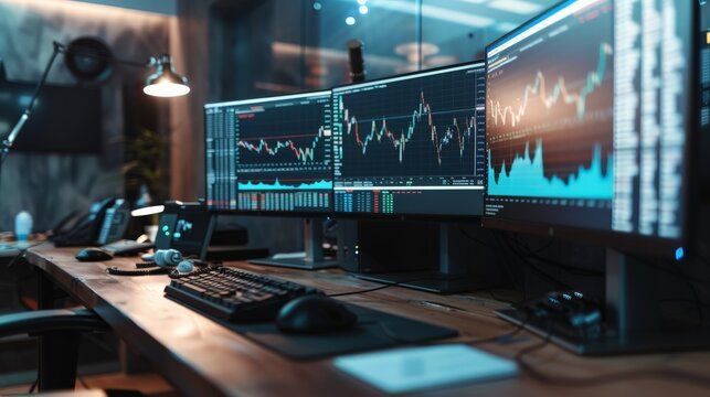 Trading station with three monitors displaying stock charts.