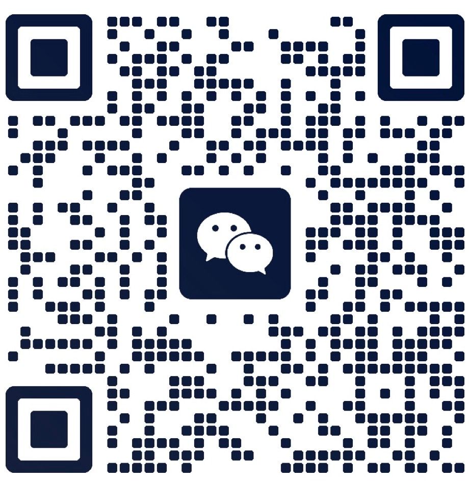 QR code for WeChat. Dark blue and white. Two chat bubbles in the center.