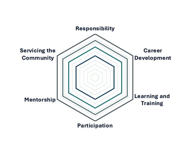 Radar chart showing values for: Responsibility, Career Development, Learning, Participation, Mentorship, and Servicing the Community.