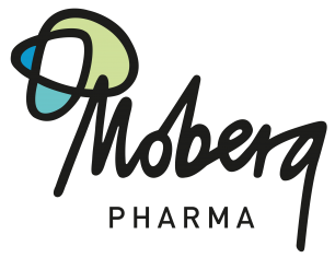 Logo of Moberg Pharma; black script, a stylized green and blue shape above the word "Moberg", and "PHARMA" in a smaller font below.