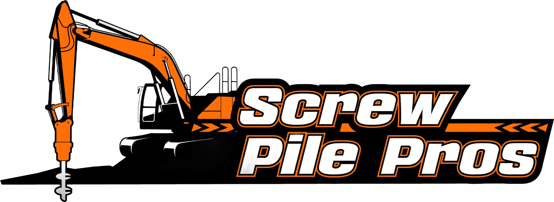 Logo for Screw Pile Pros featuring an orange excavator drilling into the ground with the company name in bold white text.