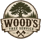Wood's Tree Service logo with a large tree, crossed axes, and rustic brown circular design