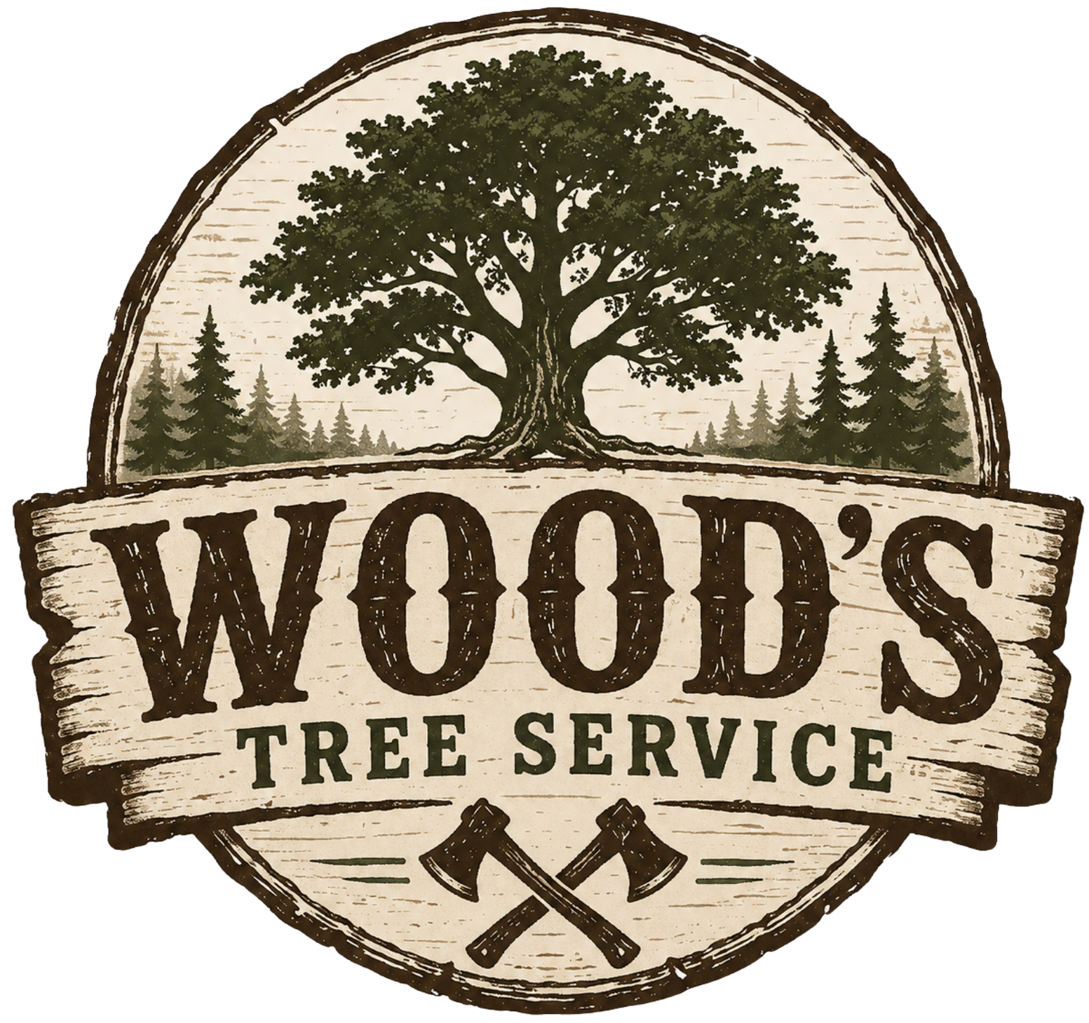 WOODS Tree Service logo with a large tree, crossed axes, and rustic brown circular emblem
