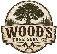 Wood's Tree Service logo with oak tree, forest background, and crossed axes on a rustic circular badge