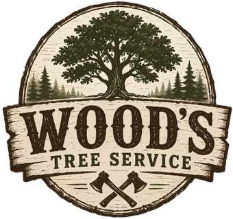 Woods Tree Service logo with large tree, crossed axes, and rustic brown text on a round badge