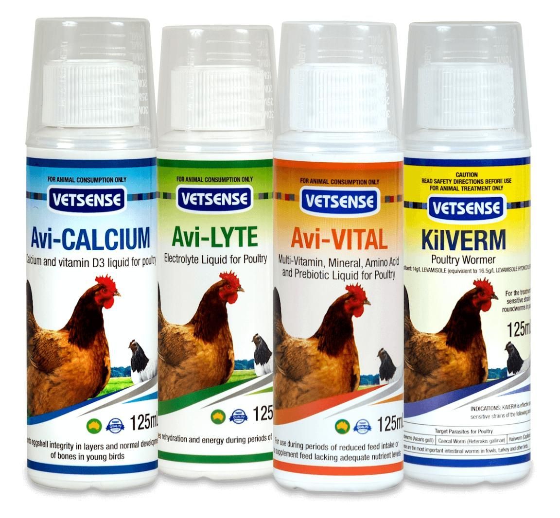 Four Bottles of Avi-Calcium , Avi-Lyte , Avi-Vital and Kiverm — Edmonds Landscaping Supplies in Bohle Plains, QLD