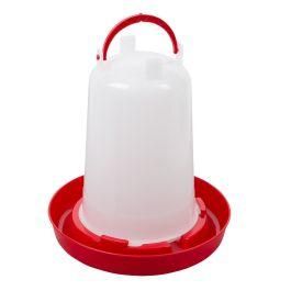 A Plastic Chicken Feeder with A Red Tray and Handle — Edmonds Landscaping Supplies in Bohle Plains, QLD
