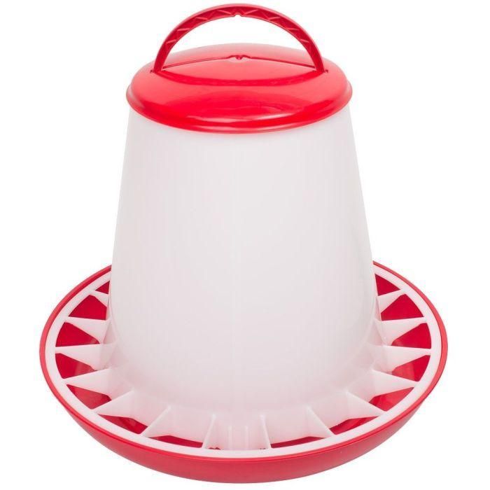 A Red and White Chicken Feeder with A Handle — Edmonds Landscaping Supplies in Bohle Plains, QLD