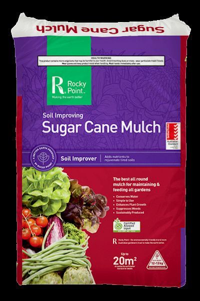 A Bag of Sugar Cane Mulch with Vegetables on It — Edmonds Landscaping Supplies in Bohle Plains, QLD