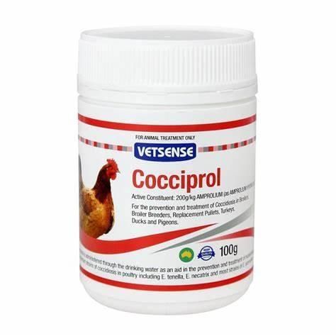 A Bottle of Vetsense Cocciprol Powder with A Picture of A Rooster on It — Edmonds Landscaping Supplies in Bohle Plains, QLD