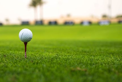 Golf ball on a tee on a green fairway, with blurred background.