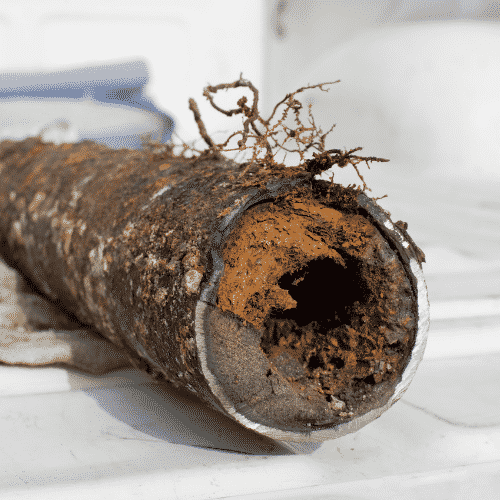 A Close Up of a Rusty Pipe With Roots Sticking Out of It — Gold Coast Leak Detection in Mudgeeraba, QLD