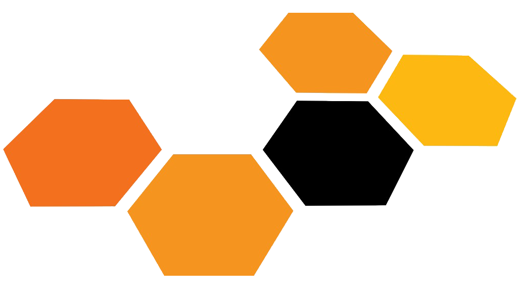 Hexagon graphic with orange, black, and yellow shapes.