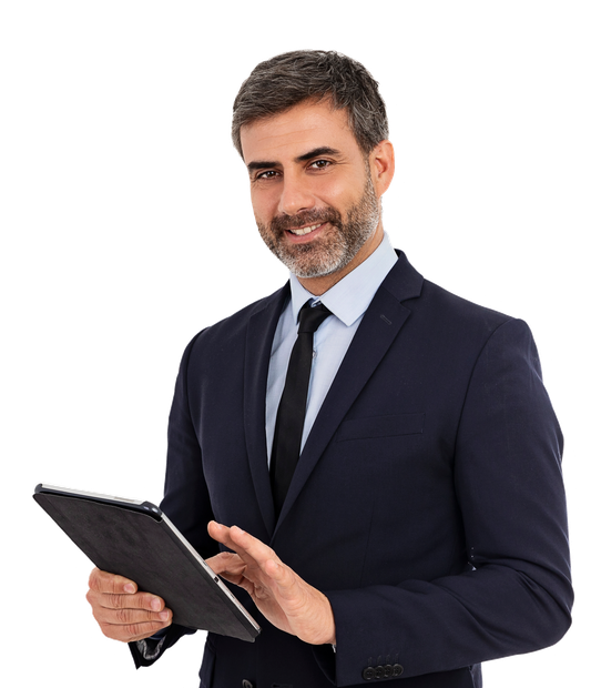 A man in a suit and tie is holding a tablet