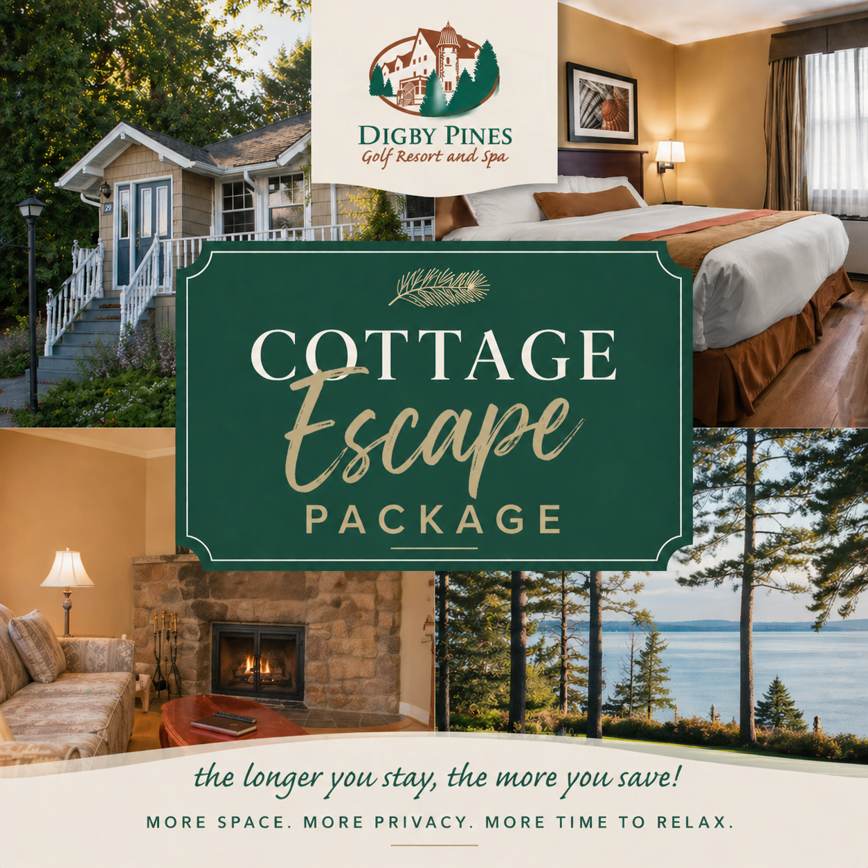 Digby Pines Cottage Escape Package collage with cabin, bedroom, fireplace, and lakeside view