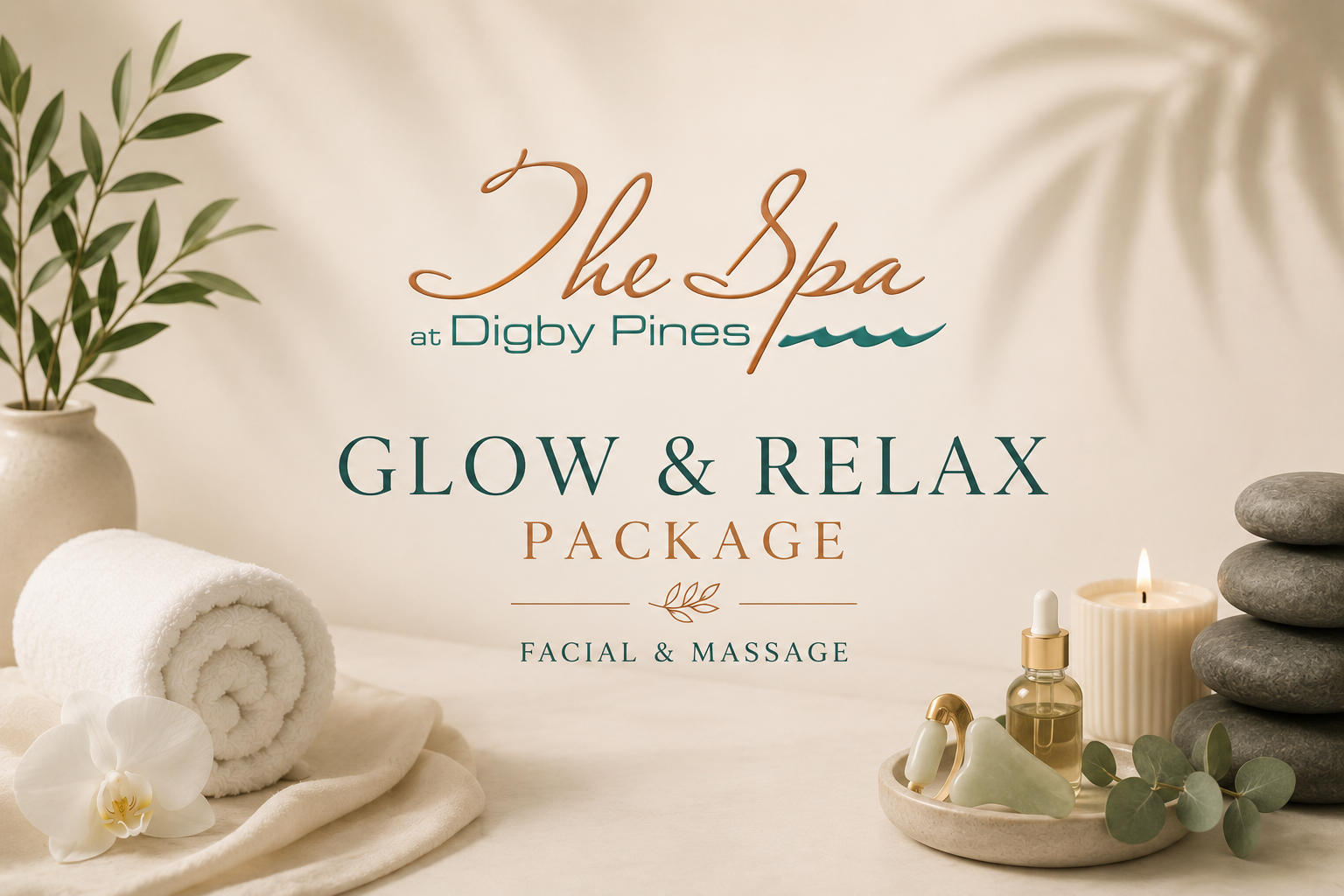 Spa promo for “Glow & Relax Package” at Disney Princess, with towels, candle, and massage oils in a soft beige setting