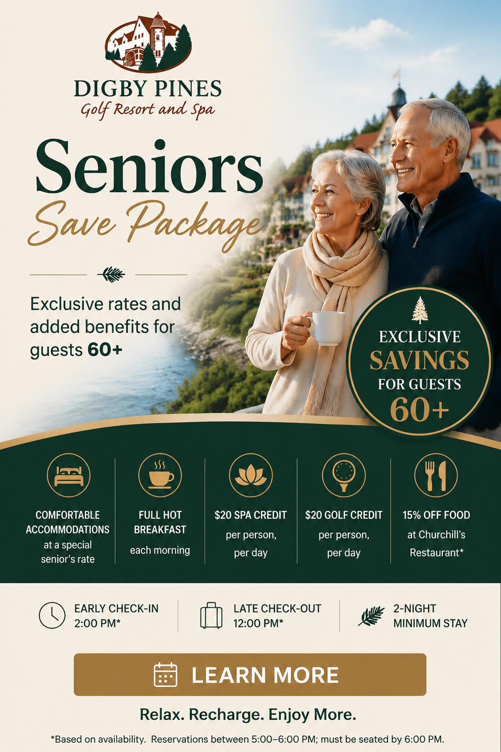 Senior savings resort flyer with smiling couple, poolside homes, and “Learn More” call to action