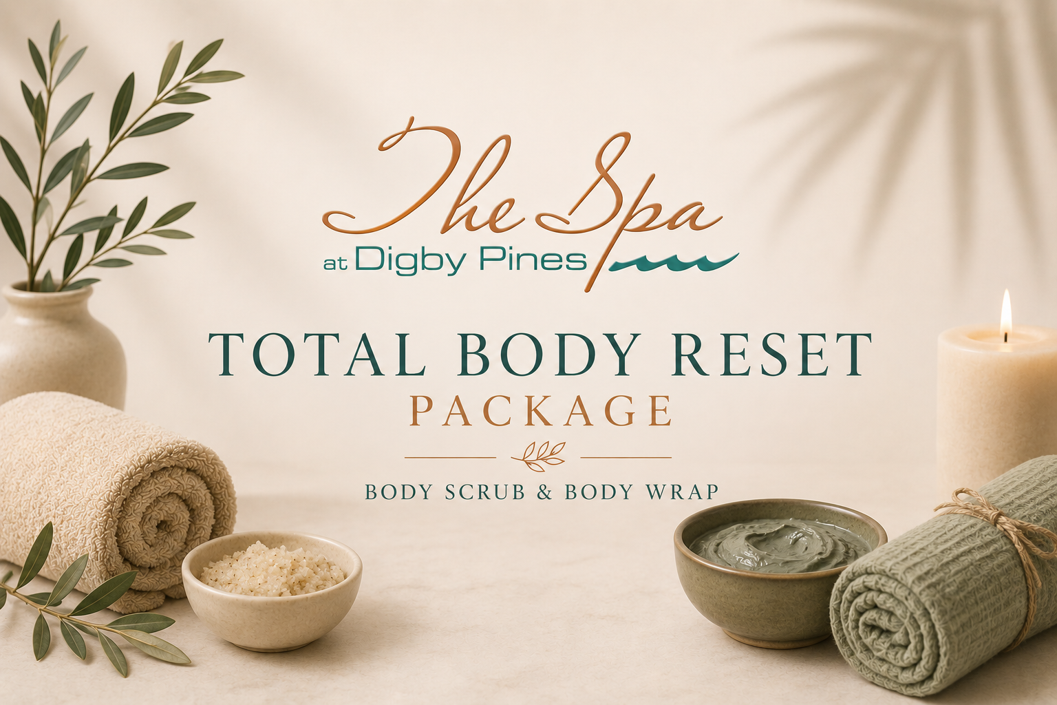 Spa promotion banner for Tota Body Reset Package with beige towels, bowls, candles, and leafy decor
