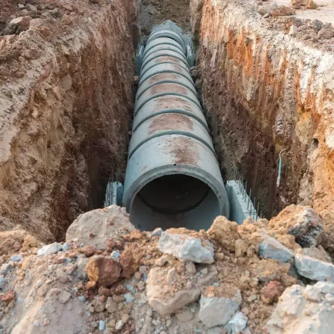 Excavation of a pipe being buried underground.