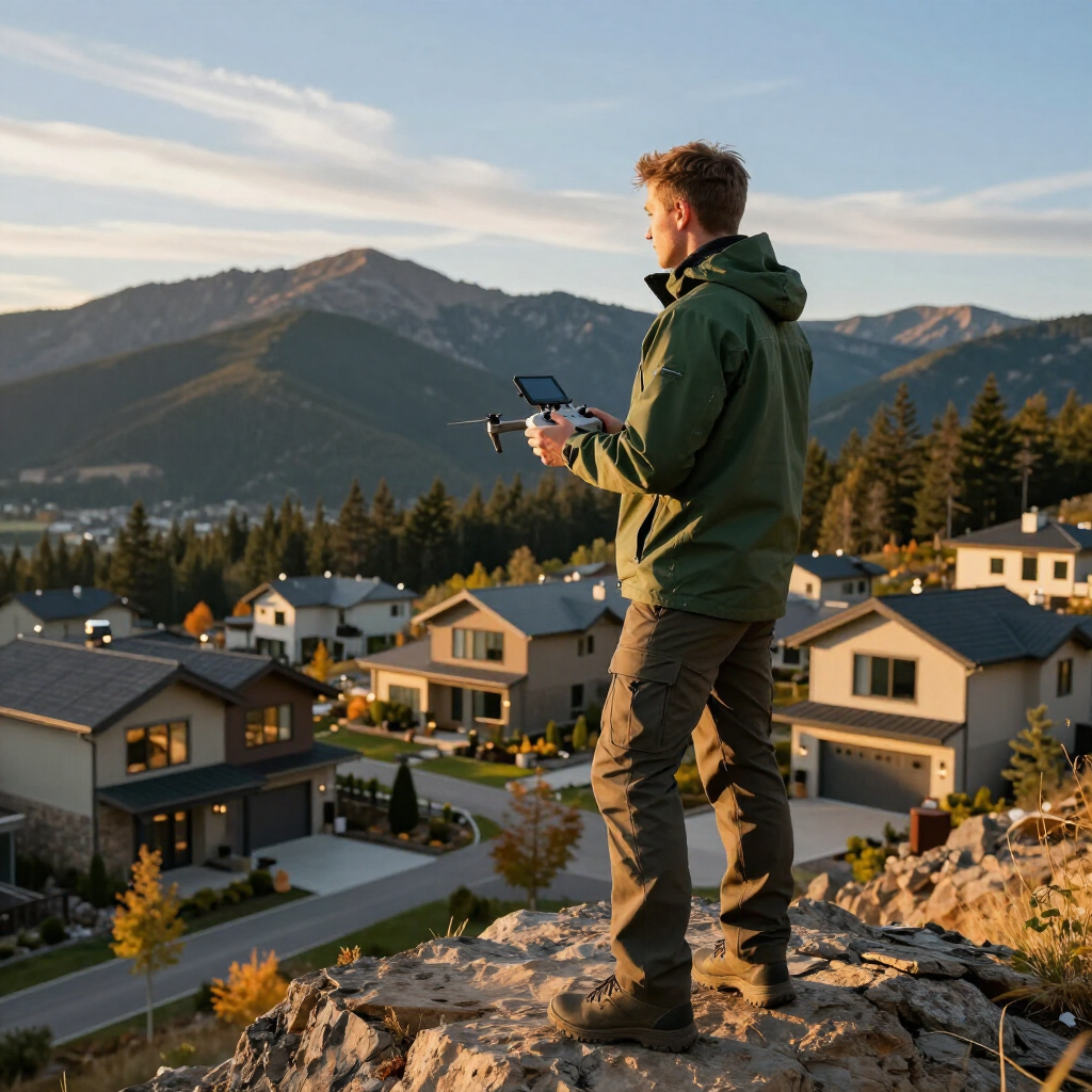 Person holding a drone controller on a rocky overlook above a mountain village at sunset