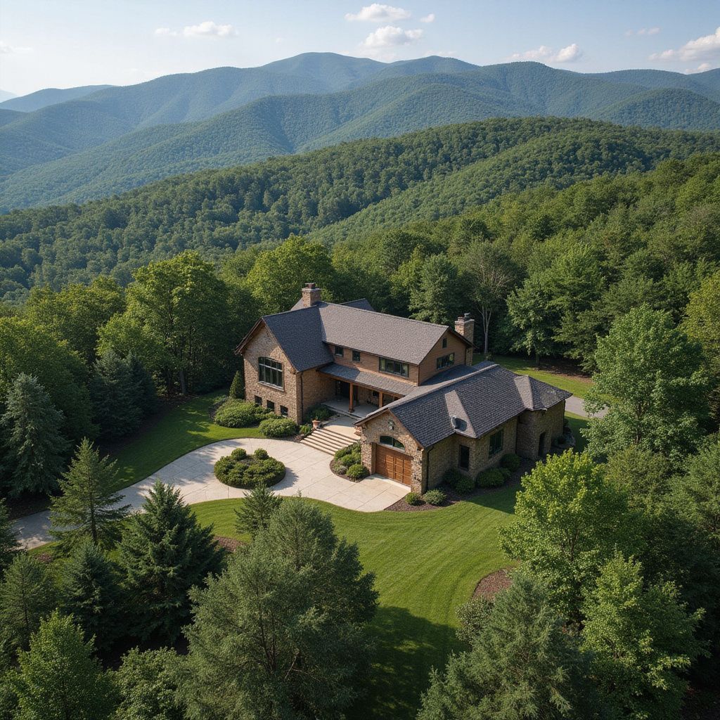 Large stone house with driveway, lawn, and mountain forest backdrop