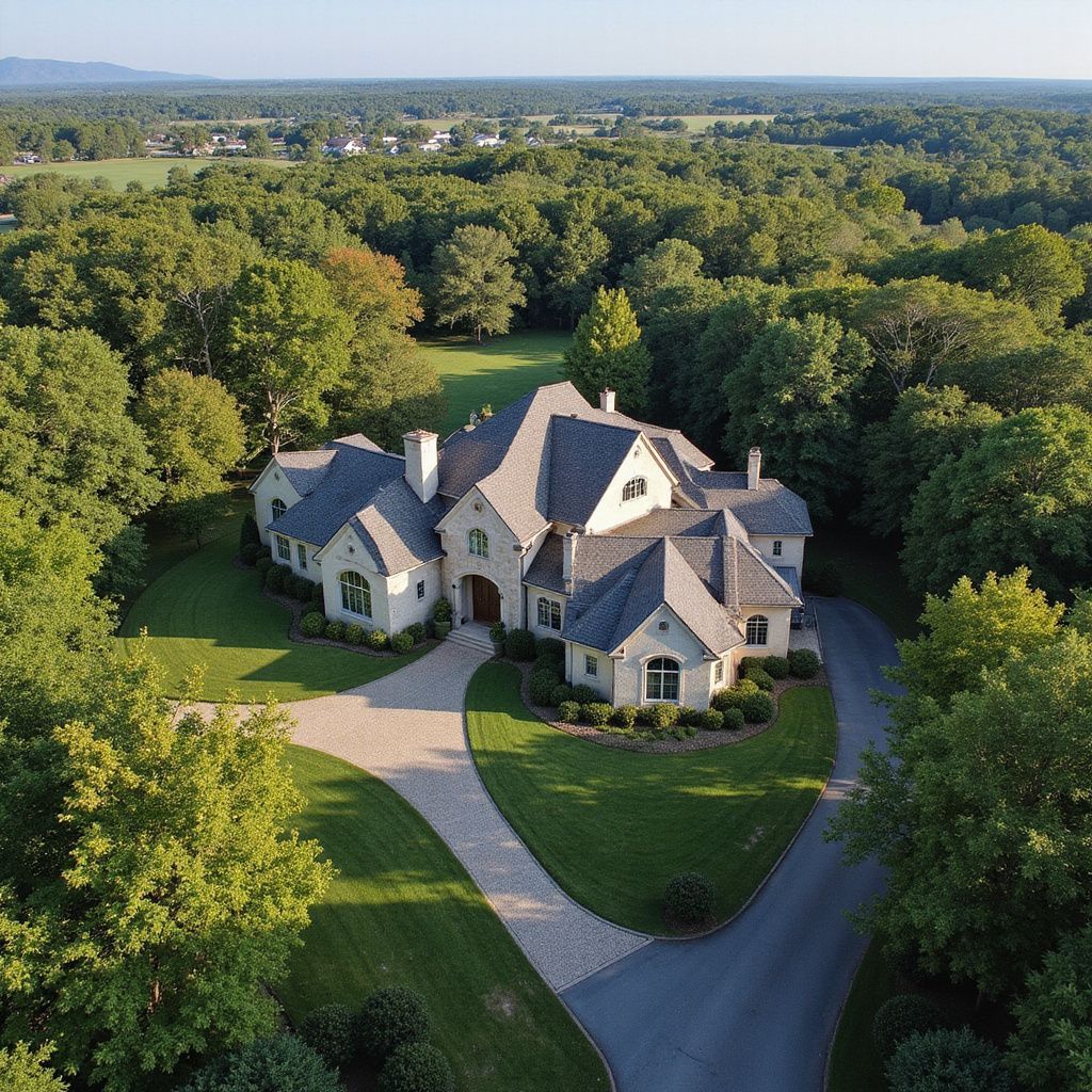 Large stone house with a curved driveway, surrounded by lush green trees in a wooded area