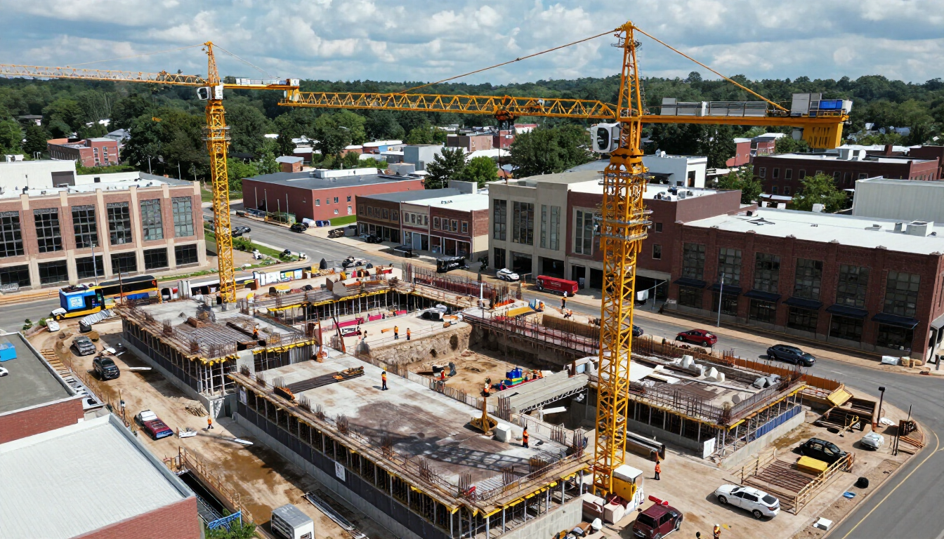 Aerial view of a construction site with two tall yellow cranes beside brick buildings in a city block