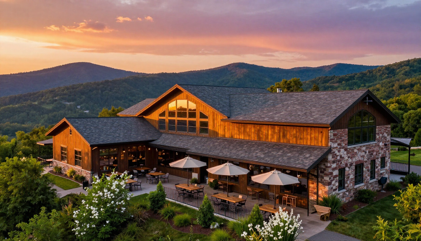 Stone mountain lodge at sunset with lit windows, outdoor patio, and mountain backdrop