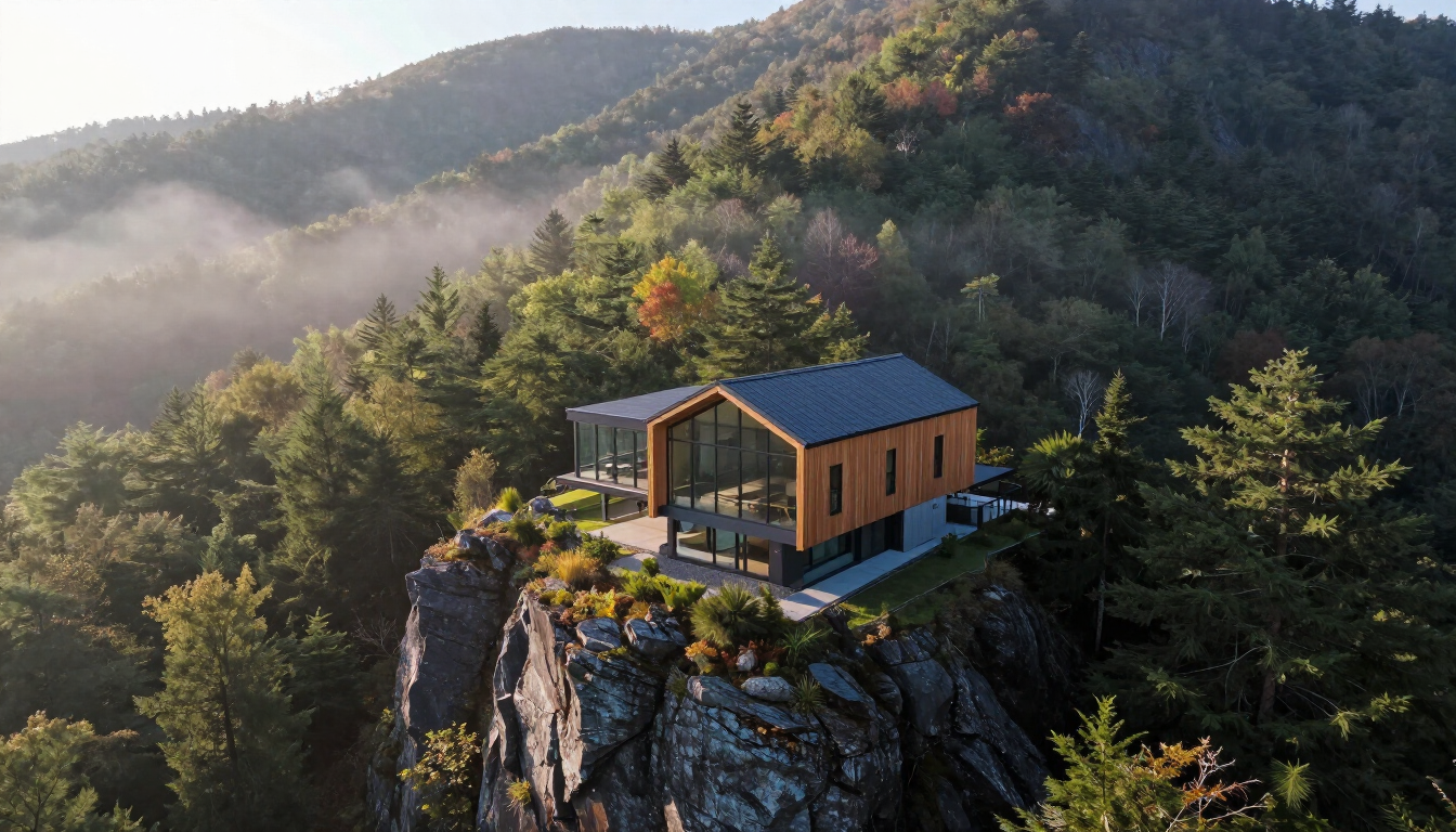Modern cabin perched on a rocky cliff above a misty forested valley